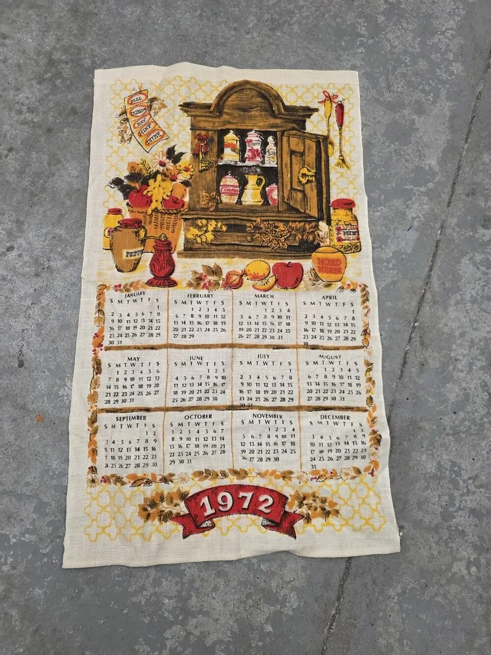 1972 Vintage Herbs Spices Linen Calendar Cottage Core Red Yellow Orange